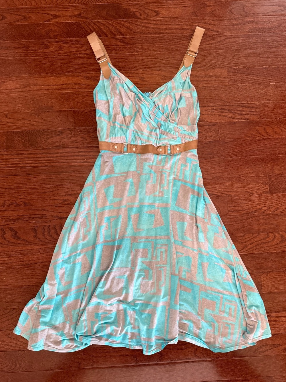 Tracy Reese Aqua and Tan Geometric Fit-and-Flare Sundress